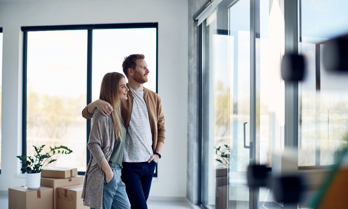 Couple viewing a modern home in Yeadon LS19 Leeds